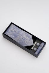 Silver Paisley Tie Set with Tie Bar & Cufflinks